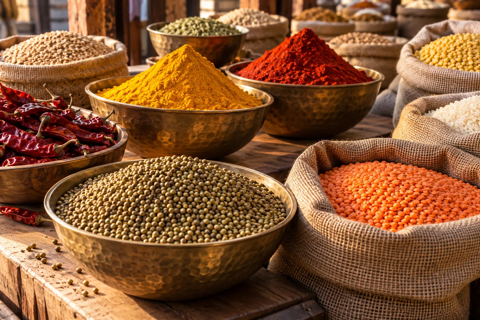 Bowls of colourful spices and grains at a market stall