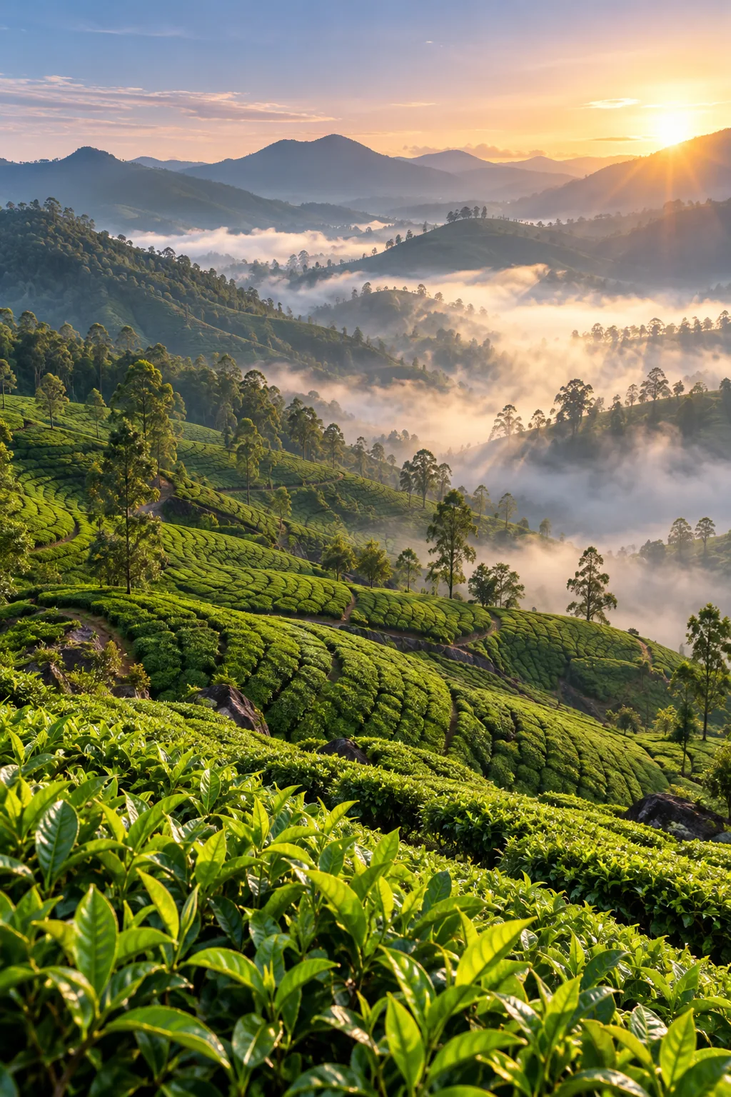 Tea plantations on rolling green hills