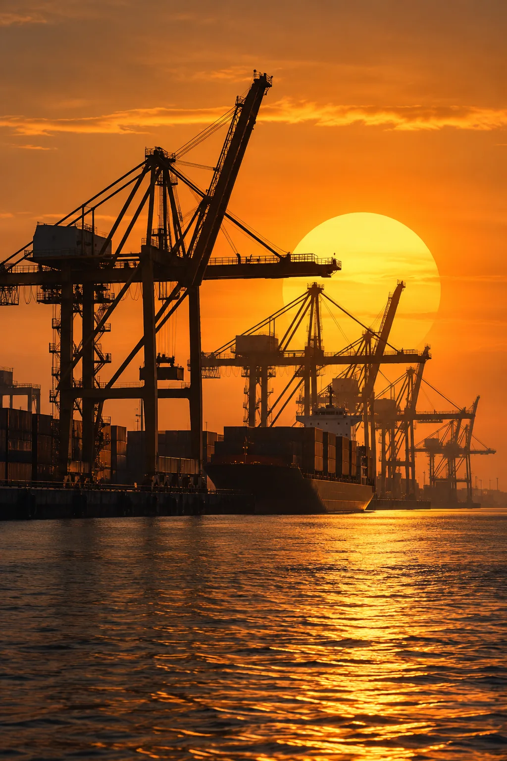 Port cranes silhouetted against a golden sunset