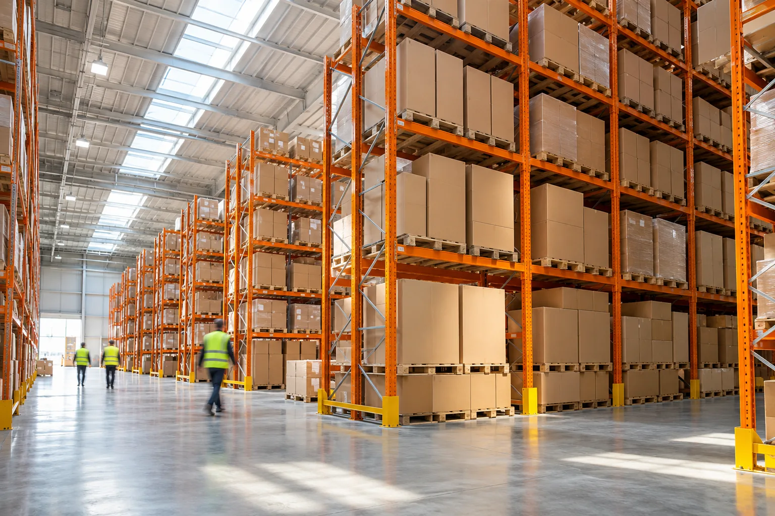 People moving through a large, well-organised warehouse
