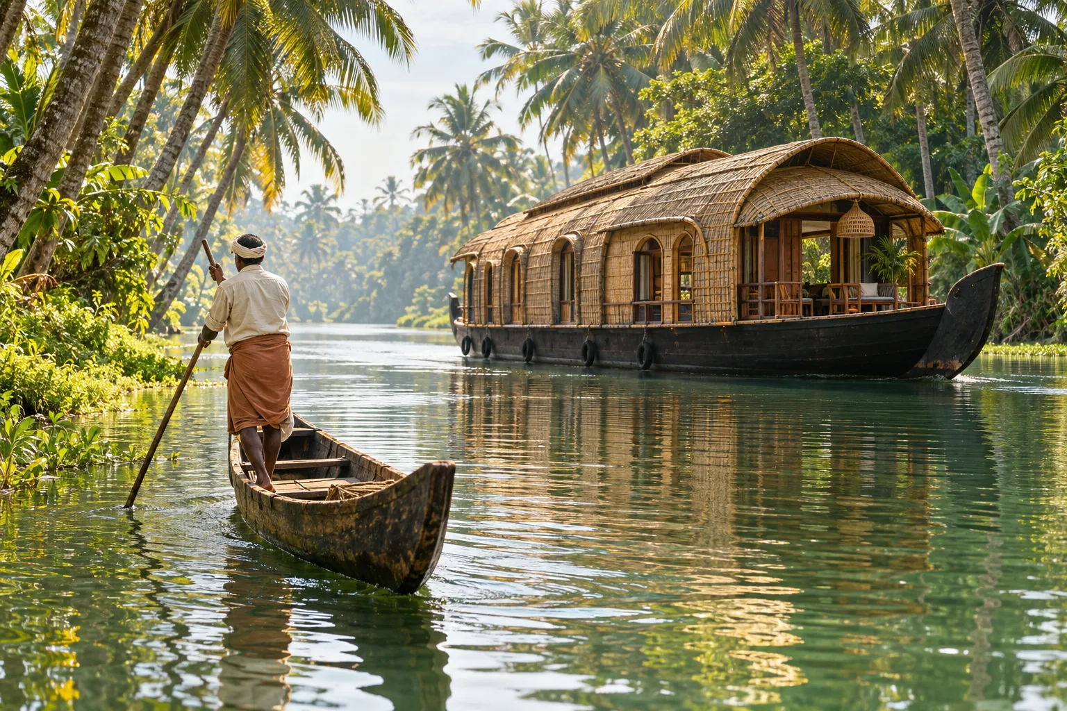 A boatman on the Kerala backwaters beside a houseboat