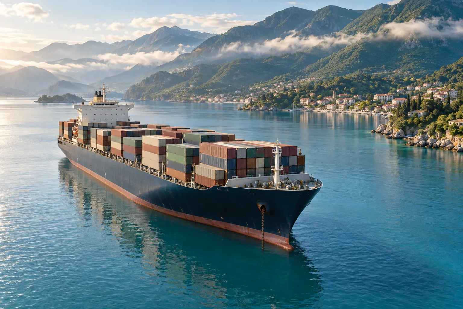 A container ship at anchor beneath mountains
