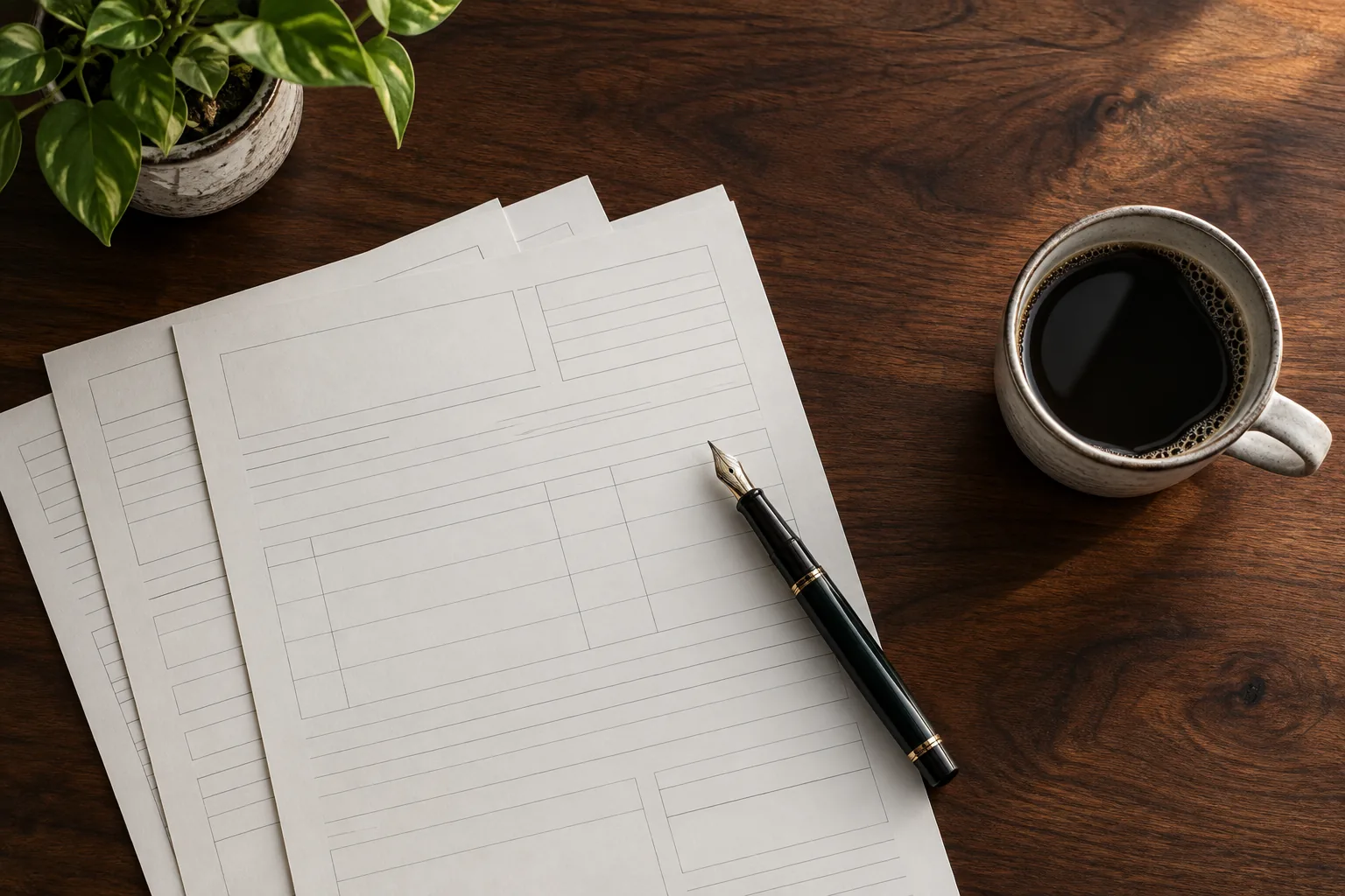 Trade paperwork and forms laid out on a desk