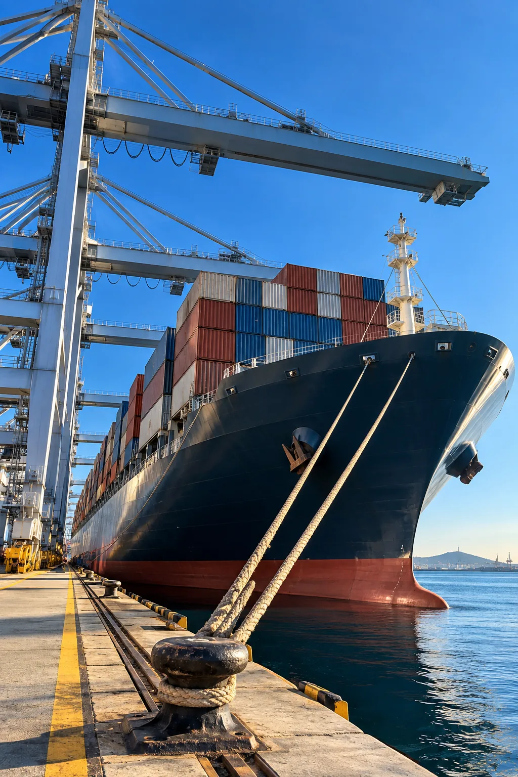 A loaded container ship berthed under gantry cranes